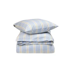 Beige/Blue Checked Cotton Poplin Bed Set, beige/white/blue