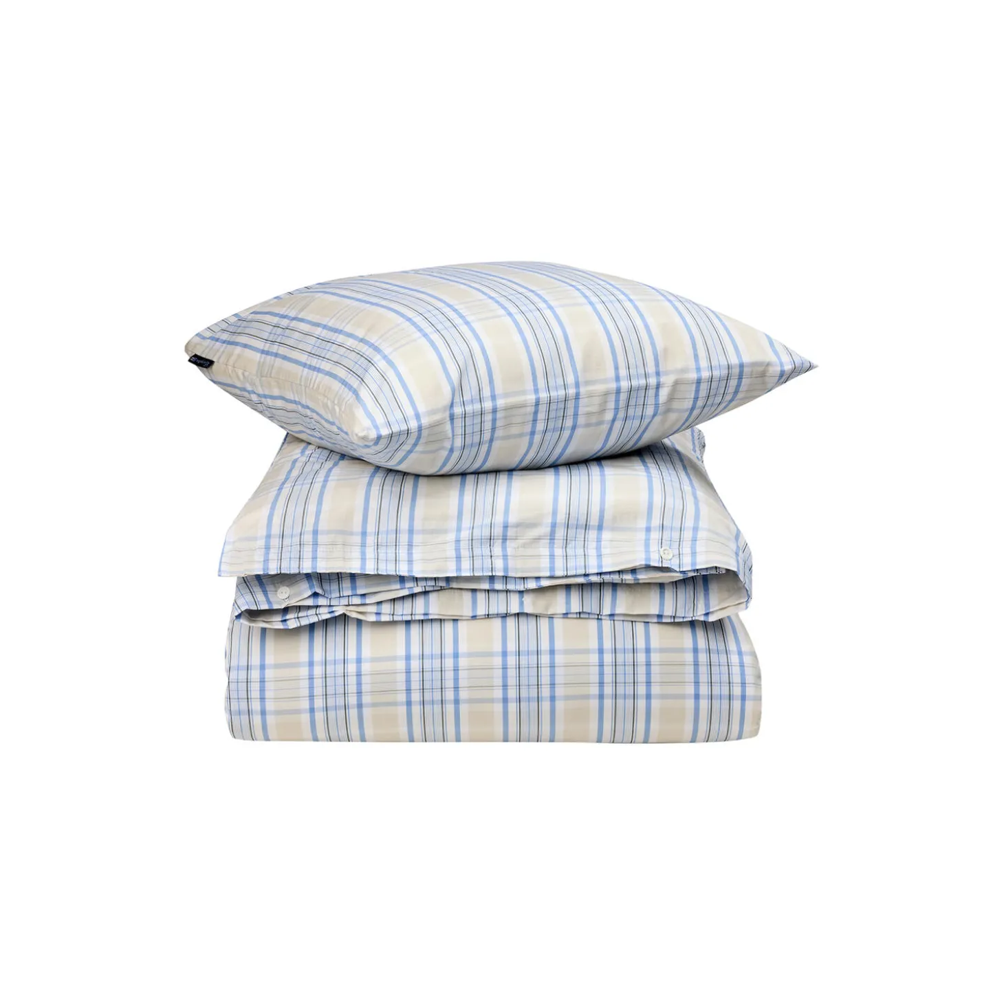 Beige/Blue Checked Cotton Poplin Bed Set, beige/white/blue