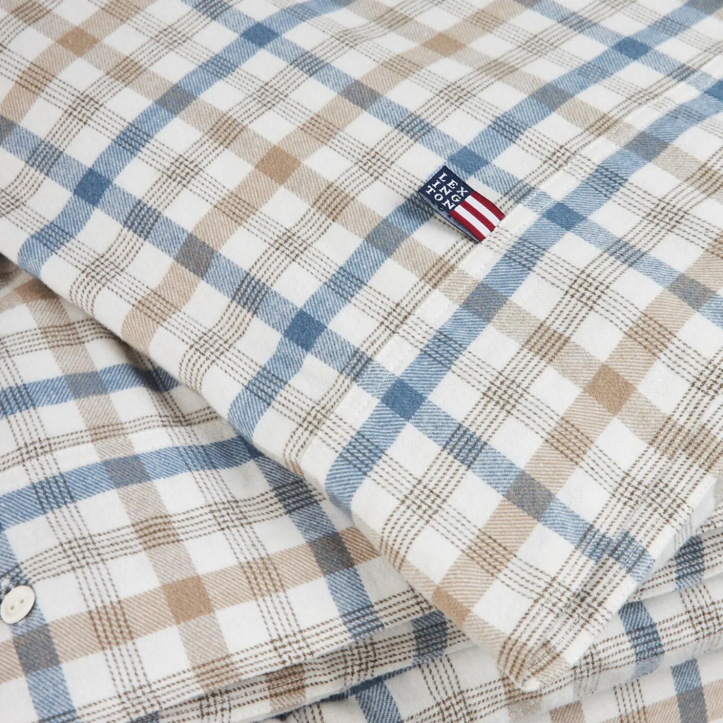 Checked Cotton Flannel Bed Set, misty blue/beige/white
