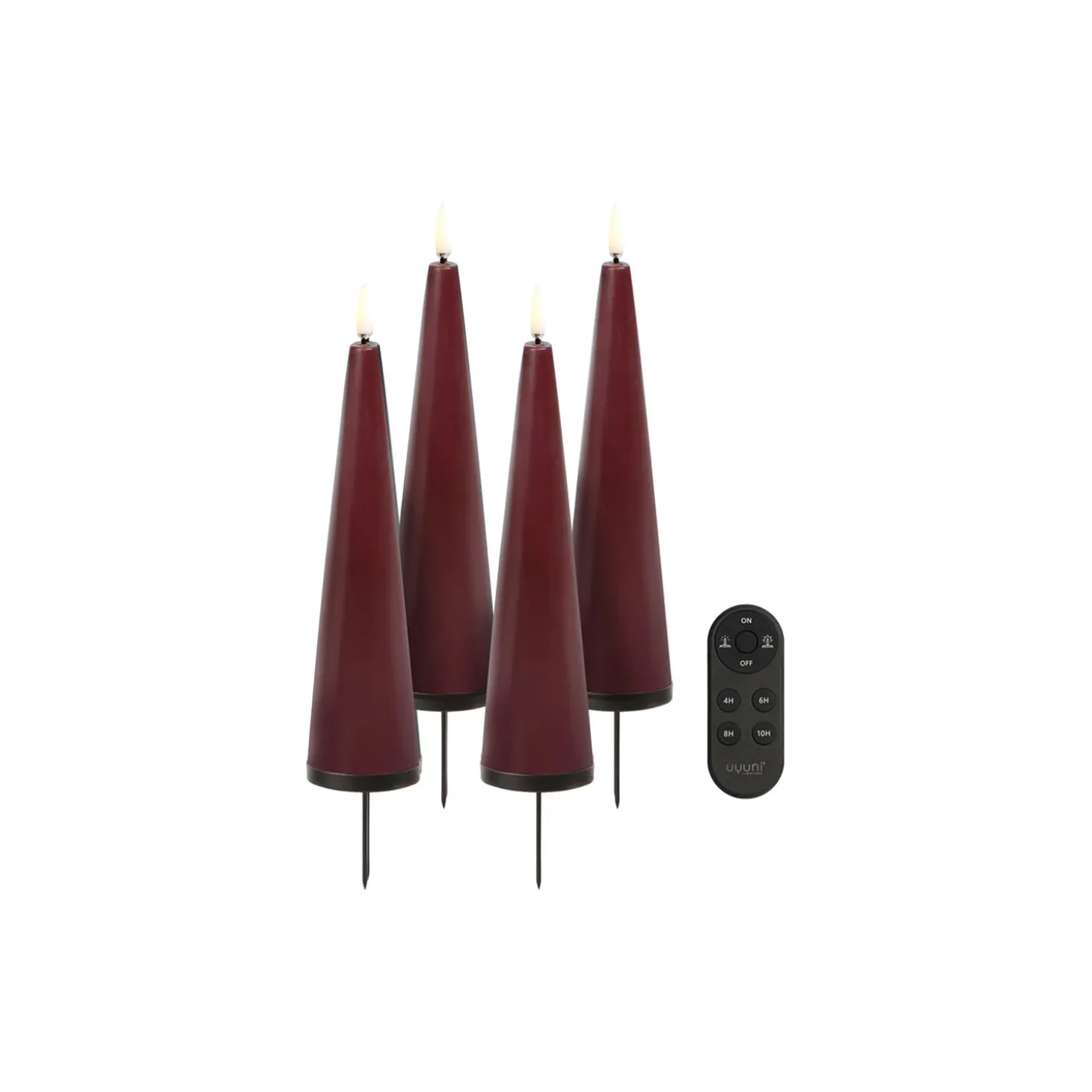 Giftbox w. spike, remote, LED cone candle 4-pack, wine red