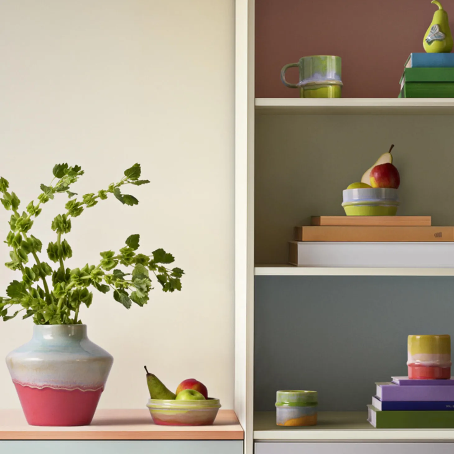 Poppery krus, yellow/apple green/pink